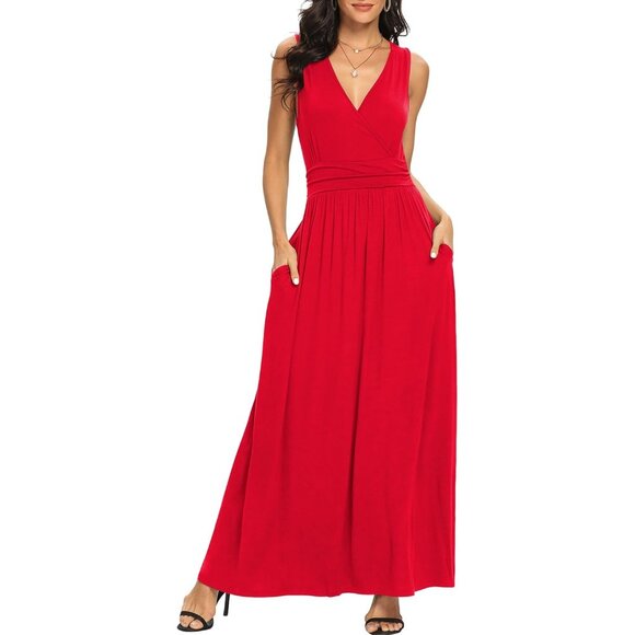 Women Red Deep V Neck Sleeveless Loose Plain Long Maxi Stretchy Dress - Picture 2 of 6